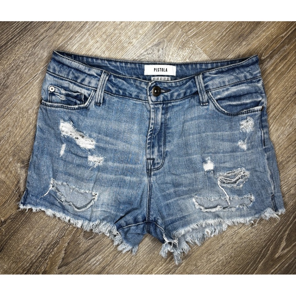 Pistola Women's Mid Rise Cut Off Denim Shorts Lightwash Distressed‎ Sz 27
